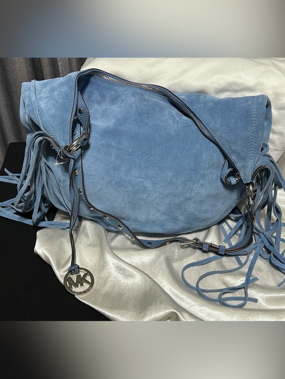 Michael Kors Rhea Denim Blue Suede Fringe Shoulder Bag NWT